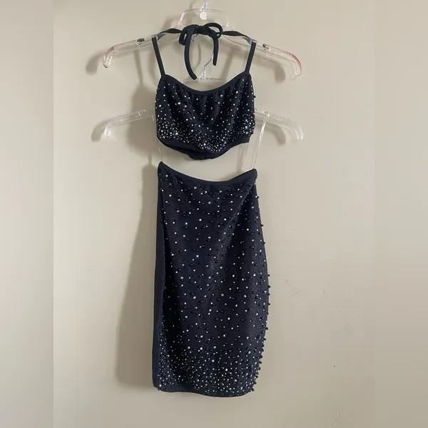 Oh Polly Black Beaded Set: Skirt and Crop Top w Halter Ties Sz 0 NWT - Image 10
