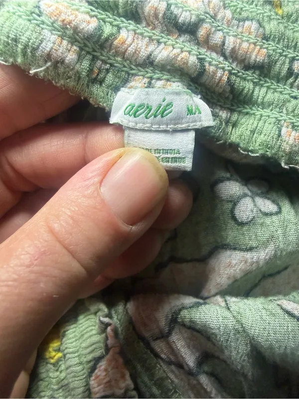 Aerie Floral High Rise Smocked Tie Waist Crinkle Pants Green Medium - Image 5