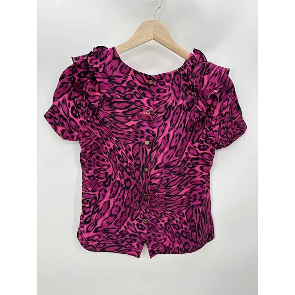 Juicy Couture Pink‎ Animal Print Short Sleeve Silk Blouse Women Size 2 - Image 7