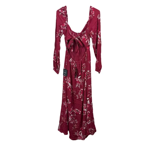 NWT‎ Lulus Total Perfection Burgundy Floral Print Tie-Back Midi Dress SMALL - Image 8