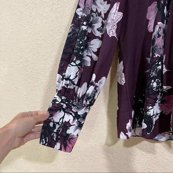 Natori Purple Floral Neck Tie Button Down Blouse - Image 8