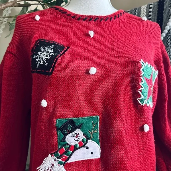 Vintage 90s Holiday Editions Christmas Whimsical Snowman Ugly Sweater - Image 4
