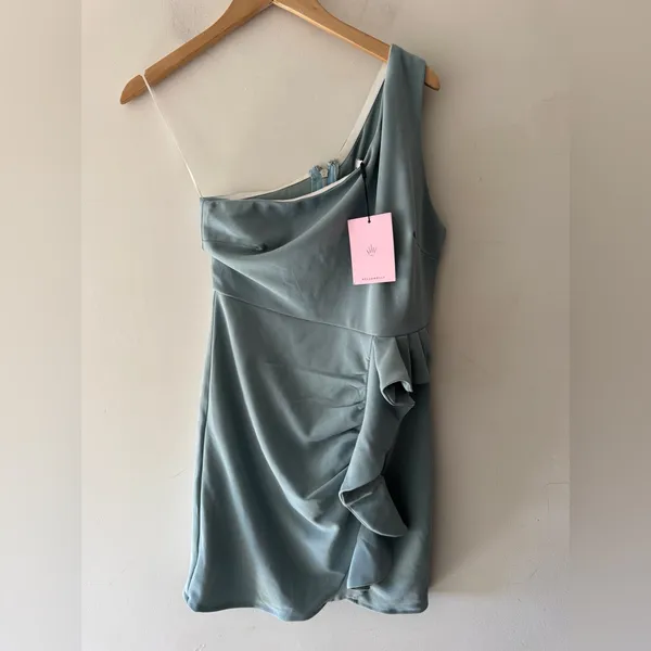 NEW!!‎ Hello Molly Backstage Pass Mini Dress One Shoulder Sage Ruffle Detail - Image 2
