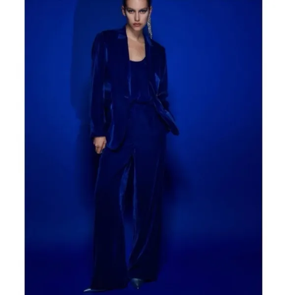 Zara Blue Velvet Velour High Waist Wide Flared Leg Crop Ankle Trousers Pants S - Image 4