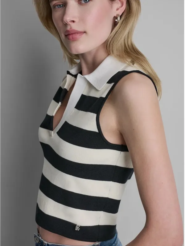 DKNY Black and Cream Striped Sleeveless Polo Tank - Image 2