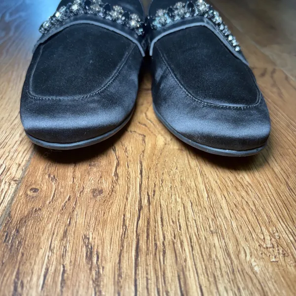 Libby Edelman Piper Black Satin Jeweled Mules Pointed Toe Flats‎ Size 9M - Image 7