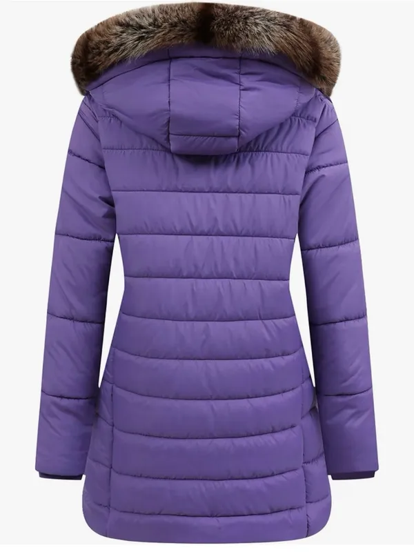 Women's Purple Quilted Down Coat with Faux Fur Hood - Image 2