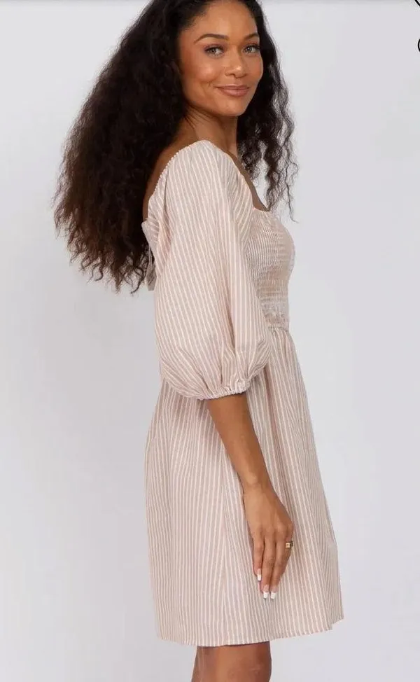 BIBI | Taupe Striped Smocked Puff Sleeve Dress - Image 2