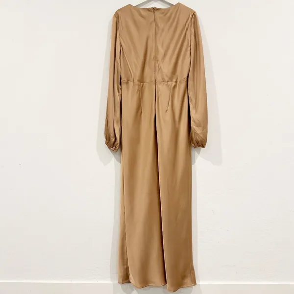 Billy J Brigitte‎ Dress Plus Size 20 Tan Satin Tie Front Maxi V Neck Old Money - Image 10