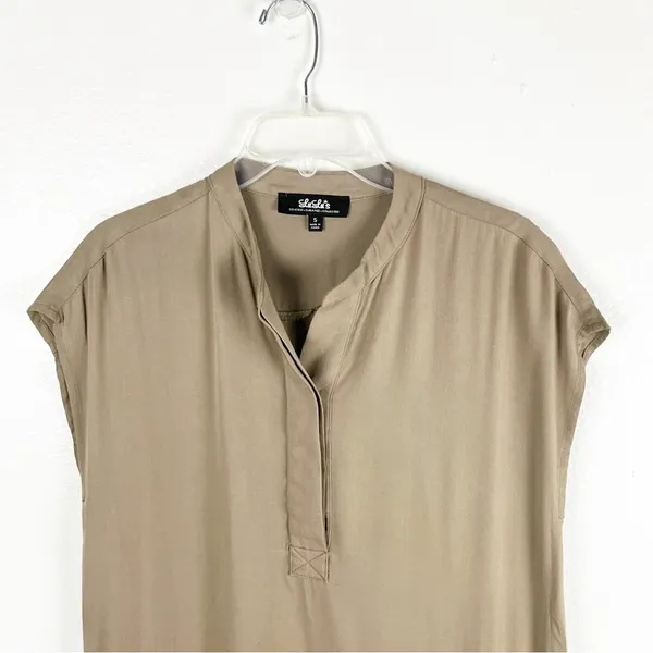 LULUS Sahara Khaki Short Sleeves Cargo Pockets Shift Safari Dress, Size Small - Image 5