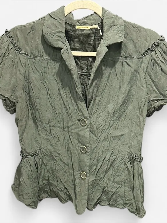 Max Studio Olive Green Silk Blend Peplum Blouse Size 6 M Y2K Boho - Image 3