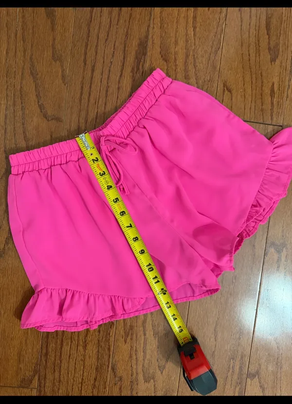 Hot Pink flowy ruffle-hem shorts with elastic drawstring & lightweight - Size M. relaxed design. Gently warn and excellent condition. Measurements approximately 12” waste, not fully stretched out x 12” long. Non-smoking home. priced to sell at as is condition. Don’t like my price, make reasonable offer! And thank you for checking my closet. - Image 6