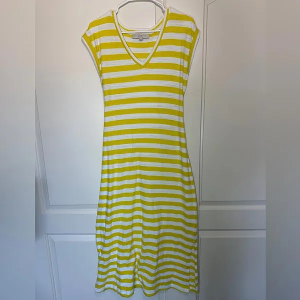 Loft Striped Tie‎ Waist V-Neck Midi Dress Yellow and White Striped Size: Medium - Image 3