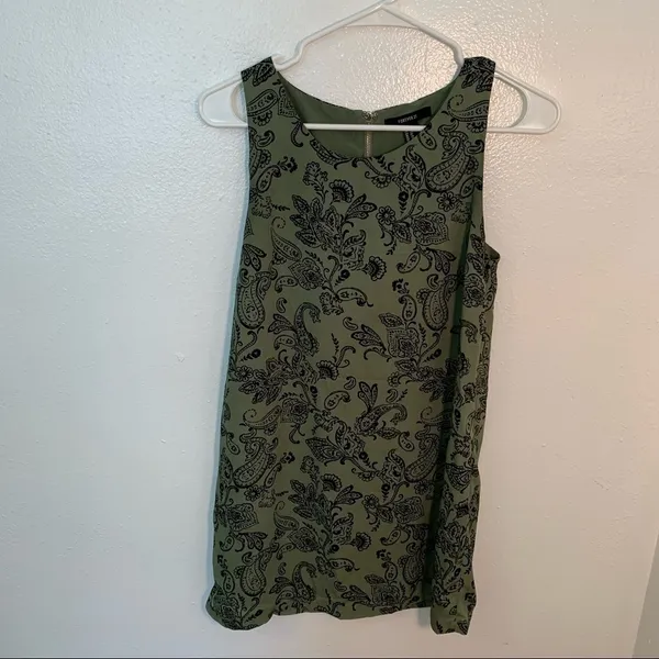 Forever 21 Womens Size XS Sleeveless Swing Dress Green Black Paisley Exposed Zip - Image 2