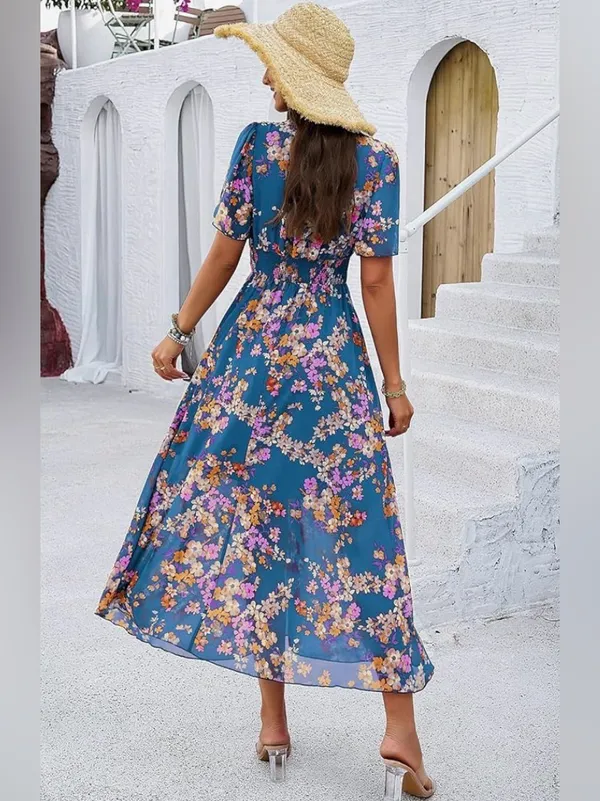 NWT Blue Floral V-Neck Maxi Dress, Size Medium - Image 2