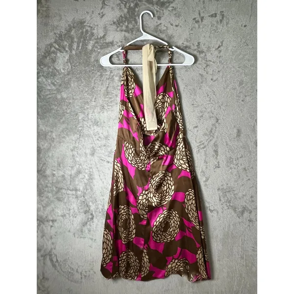 Anka 100% Silk Halter Dress Pink Brown Floral A Line Midi Size Medium Y2K Baddie - Image 3