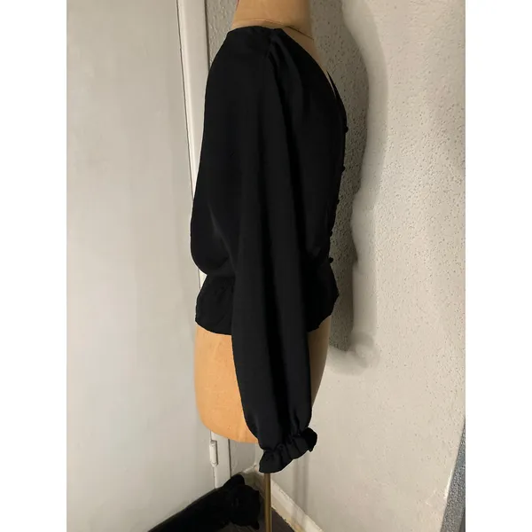Topshop Black V-Neck Buttondown Smocked Peplum Top 2 Peasant Boho Classic Casual - Image 3