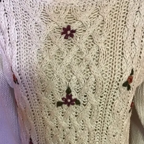 Vintage 90s Cottagecore Floral Embroidered Sweater Cream Knit Cozy Boho - Image 6