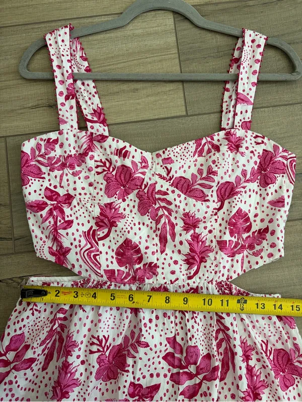 Zara Pink White Cut Out Floral Tiered Skirt Beaded Boho Cottagecore Maxi Dress M - Image 11