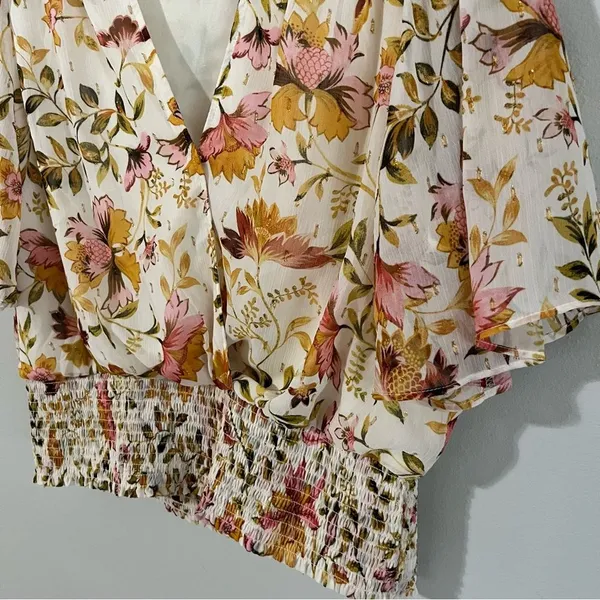 Haver + Blair Floral Smocked Blouse XL Gold Thread Boho Flutter Sleeve Top - Image 3