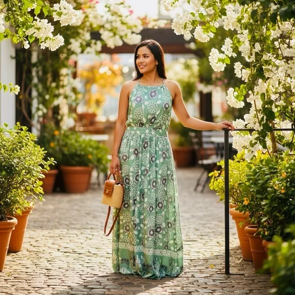 SHEIN Green, White and Gray Halter Maxi Dress with flowers size L - Image 3
