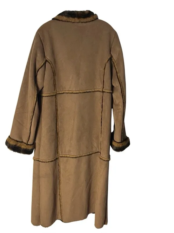 Faux Suede Coat Plush Vegan Fur Panel Stitching Fits Size Medium Y2K VINTAGE - Image 5