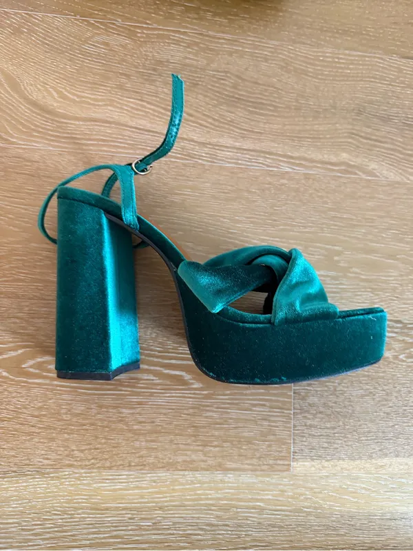 Primark Green Velvet Platform Block Heels gently used - Image 3