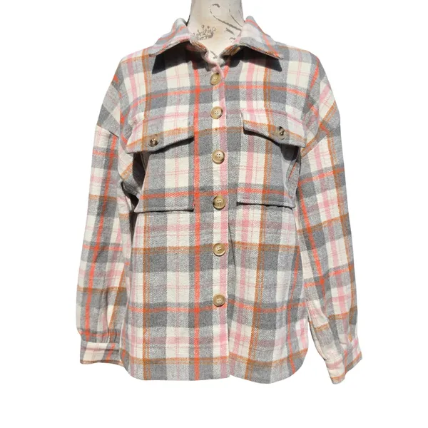 Altard‎ State Plaid Shacket Womens Grey Orange Pink Button Shirt Jacket Small - Image 2
