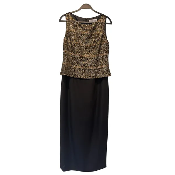 Vintage Jessica Howard Mock 2 Piece Maxi Dress‎ Metallic Brocade Black Gold 10 - Image 4