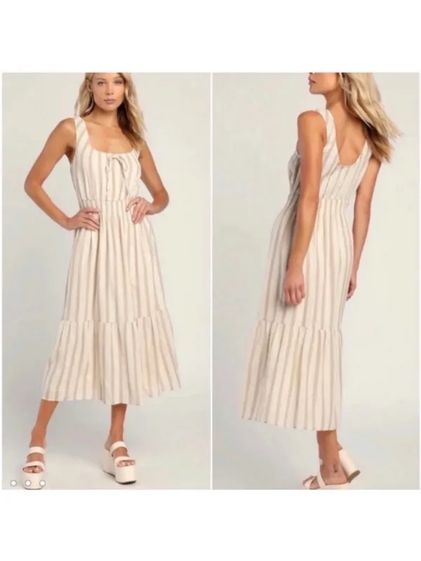 Lulu's Cream and Beige Striped Tie-Front Midi Dress size M - Image 2
