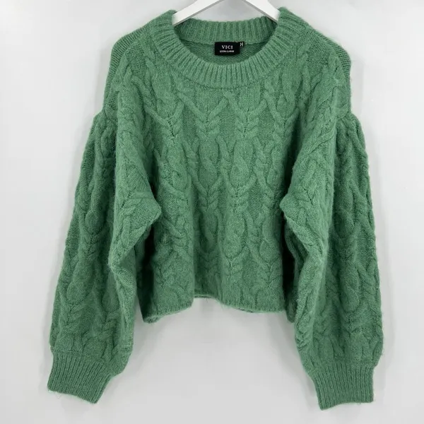 Vici Siarah Green Cable Knit Sweater Women's XL Crew Neck Ribbed Cozy Oversized‎ - Image 3