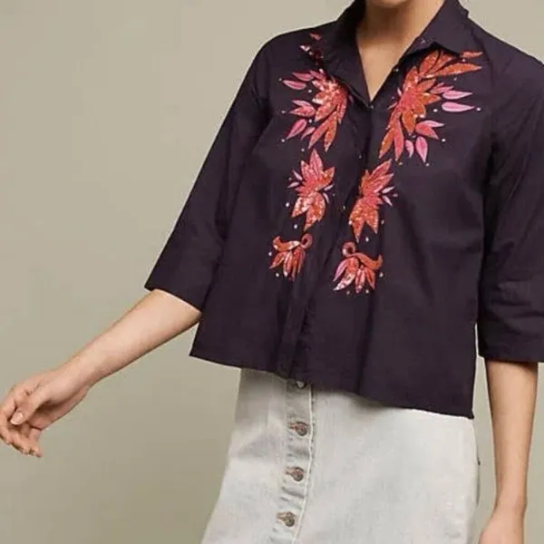 Maeve Anthropologie purple sequin cropped blouse 2 - Image 11