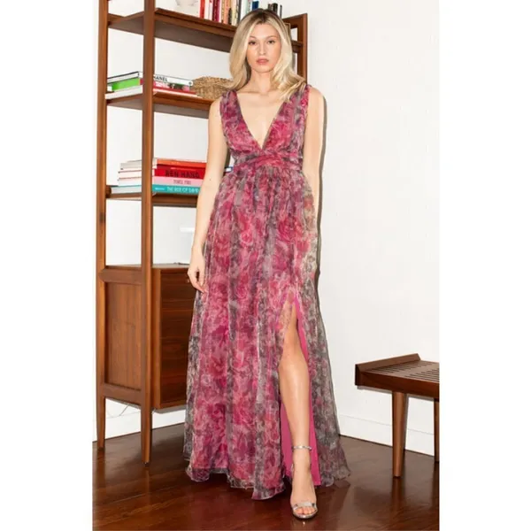 💕LULUS💕 Bloom Wildly Magenta Floral Organza Maxi Dress ~ Floral Print M NWT - Image 7