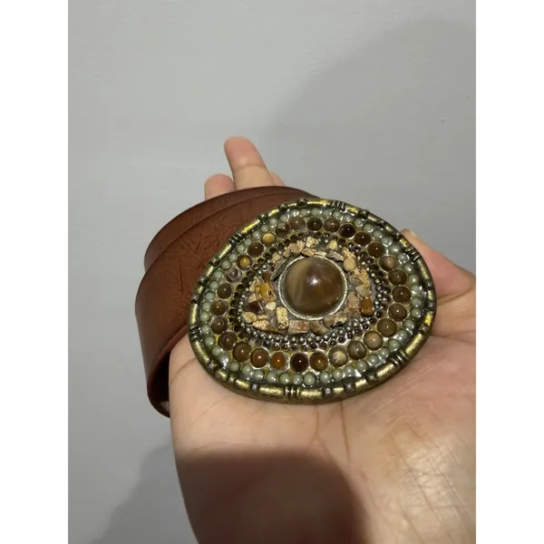 Vintage Congac Full Grain Leather Belt Stone Jewel Buckle Boho Hobo Western Y2K - Image 2