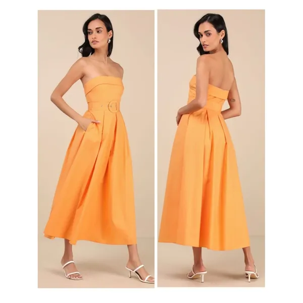 Lulus Trendsetting Choice Orange Strapless Midi Dress Pockets Size Small Wedding - Image 2