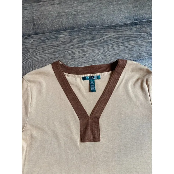 EUC Womens Lauren Ralph Lauren 100% cotton suede trim vneck‎ top size L - Image 6