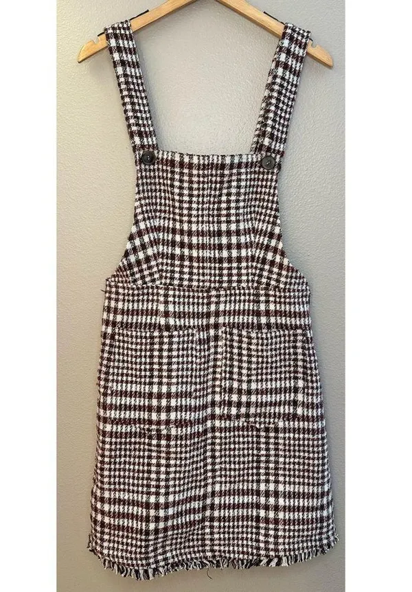 NWT Tea N Rose Brown and White Overall Houndstooth Pinafore Dress Raw Hem - Image 10