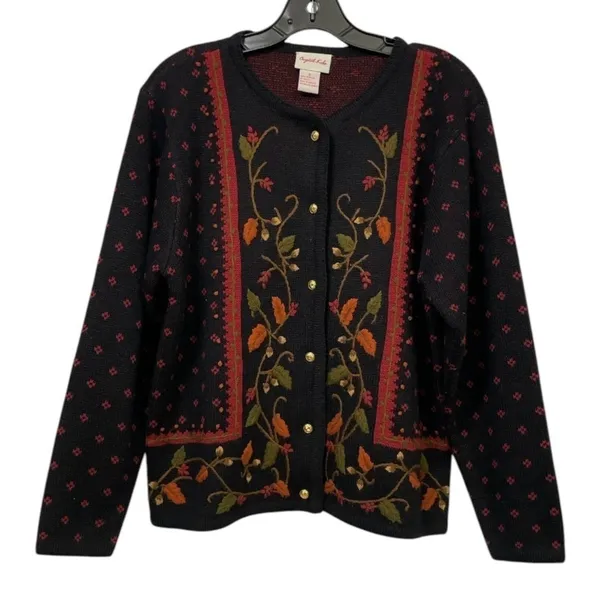 VTG Crystal-Kobe Floral Cardigan Sweater Womens Small Black Autumn Cottagecore - Image 3