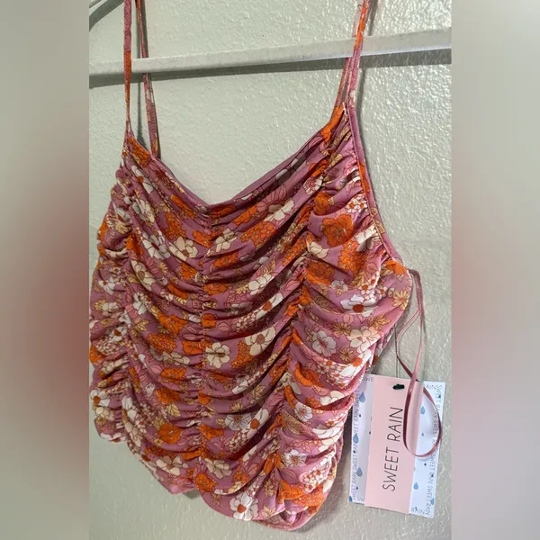 Sweet Rain Floral Ruched Camisole Tank Top | Pink Orange Summer Top | Size M - Image 3
