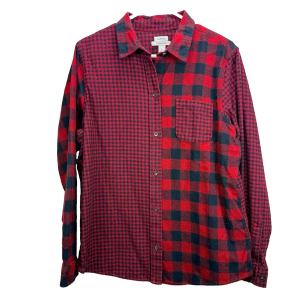 LL Bean Red/Black Scotch Plaid Cotton Flannel Button Shirt Relaxed Fit LARGE - Image 3