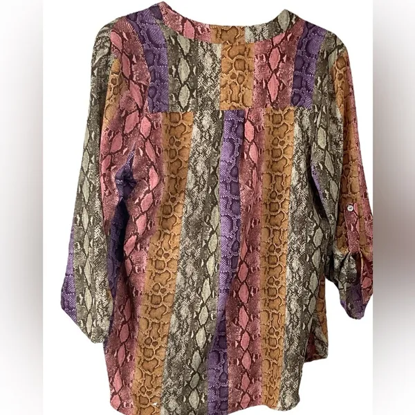 Entro Womens Multi Color Snakeskin‎ Striped Roll Tab Sleeve V-Neck Blouse Top - Image 5
