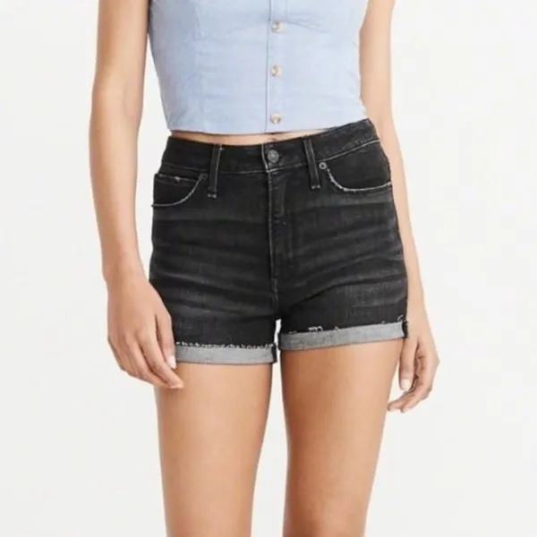 A&F • Simone High Rise Short black stretch denim cutoffs rolled hem cuffed - Image 6