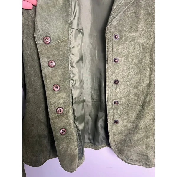VTG Live A Little Green Suede Leather Jacket Wm MD Boho Y2K 90 Punk Gilmore Girl - Image 7