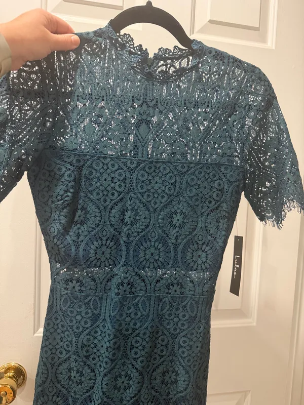 Lulus dark teal lace midi dress - Image 4