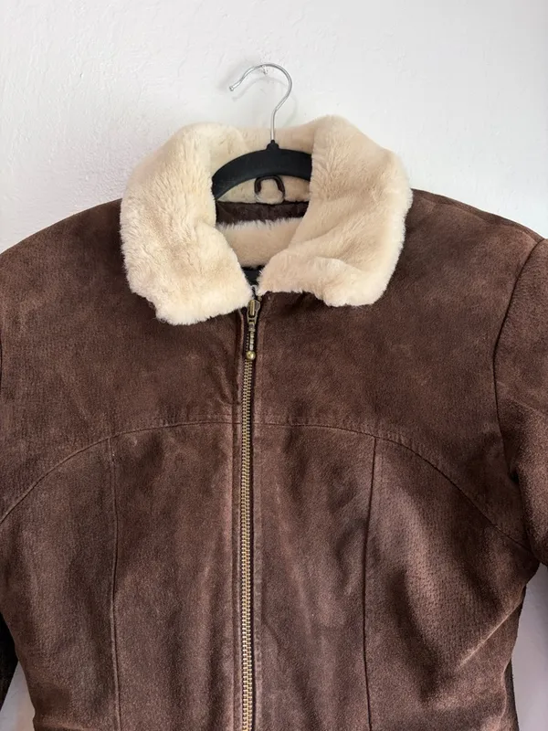 Y2K leather suede bomber jacket with fuzzy lining size small Brown - Image 5