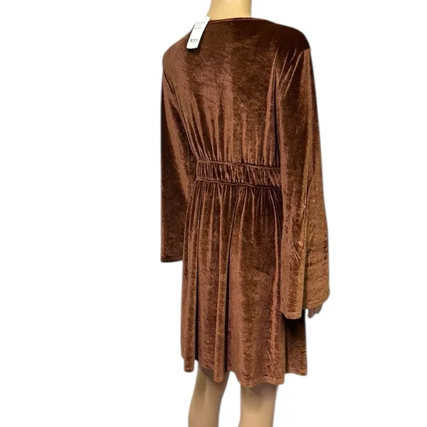 Luukse Brown Boho Velour Embroidered Tie Neck Tassel Mini Midi Dress Medium - Image 5
