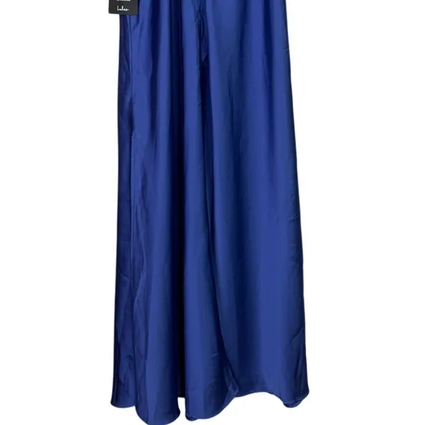 NWT Lulus Classic Elegance Satin Sleeveless Mock-Neck Slit Maxi Dress Large Blue - Image 8