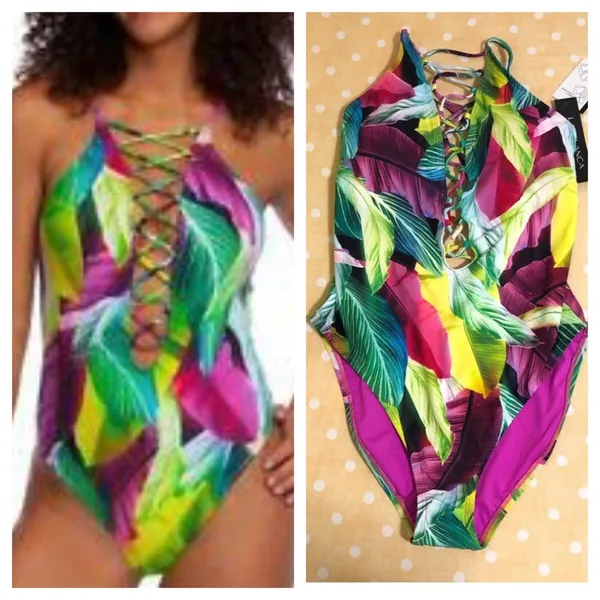 NEW La Blanca Tropic of Day Tummy Control Multi colored Leaf Print Swimsuit 10 - Image 2