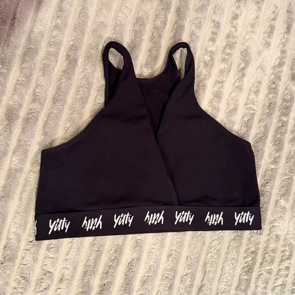 Yitty by Lizzo Black High Neck Wrap Front Mesh Back Logo Band Sports Bra - Image 2