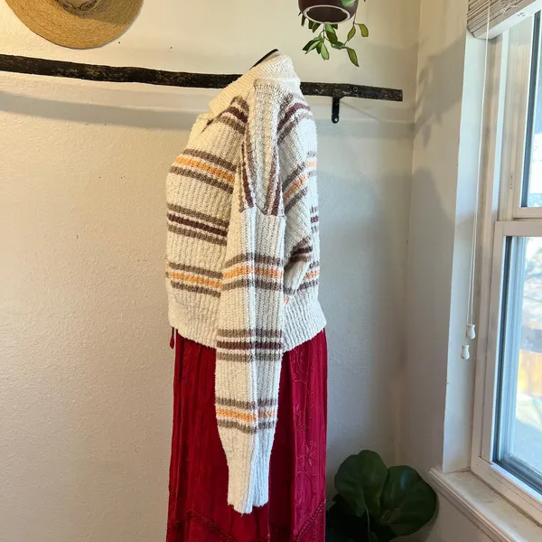 Free People Kennedy Striped Collared Cropped Chunky Knit Sweater Size Large - Image 4